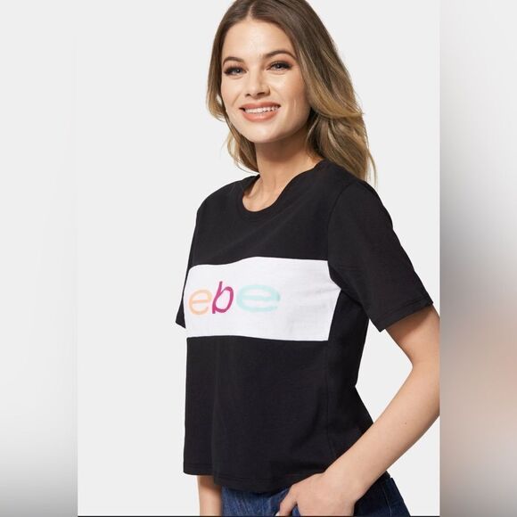 Bebe Sport Women’s Colorful Logo Short Sleeve Colorblock Boxy Tee 2X & 3X - Picture 1 of 13